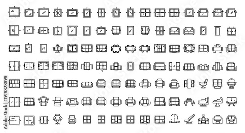 line icons of various office supplies and business equipment