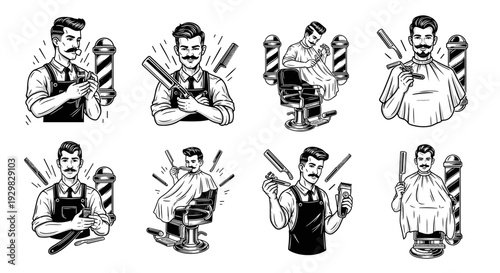 Vintage Barber Shop Illustrations Set.