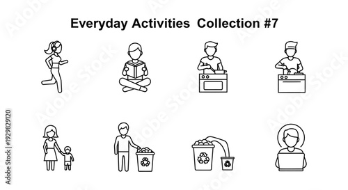 everyday activities icons set with people doing yoga meditation