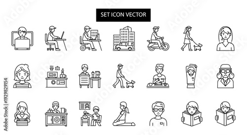 set of line icons people working office business activities