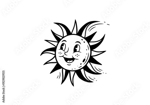 Retro Cartoon Sun Character with Happy Face and Rays.