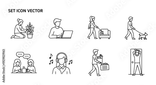 line icons of people doing various daily activities at home or office