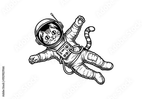 Cute Cat Astronaut Floating in Outer Space Illustration.