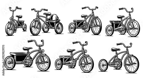 Collection of vintage childrens tricycles and bicycles illustration.