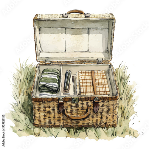 Beach Picnic Basket, watercolor drawing vector, isolated on a white background.
