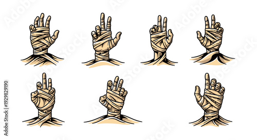 Set of Bandaged Mummy Hands in Various Poses.