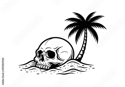 Skull emerging from sand with palm tree silhouette.