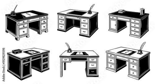 Collection of Vintage Desks with Quill Pens and Inkwells.