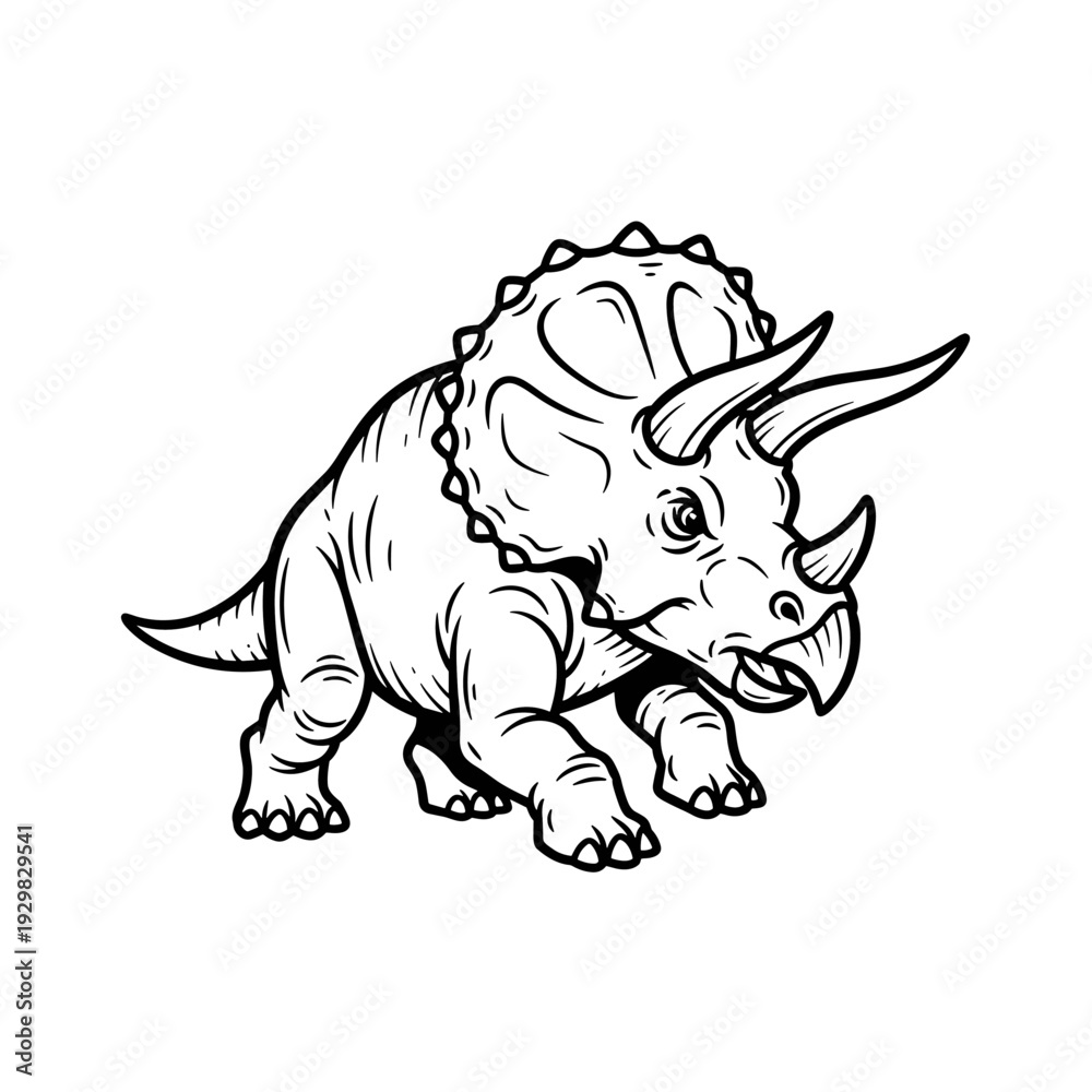 Fototapeta premium Line Art Illustration of a Fierce Triceratops Dinosaur.