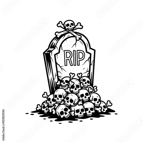 Tombstone with Pile of Skulls and Crossbones Illustration.