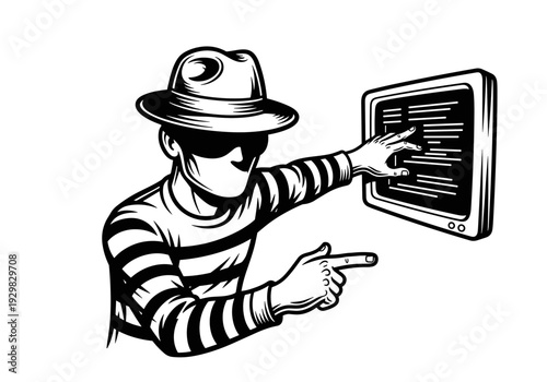Hacker wearing a fedora and striped shirt pointing at a computer screen.