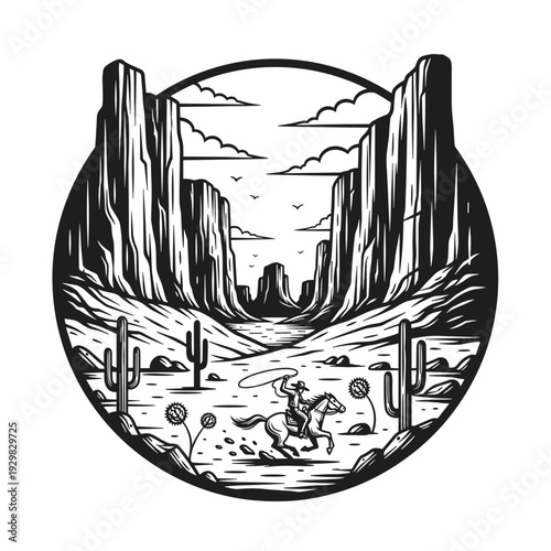Cowboy riding horse in desert landscape illustration.