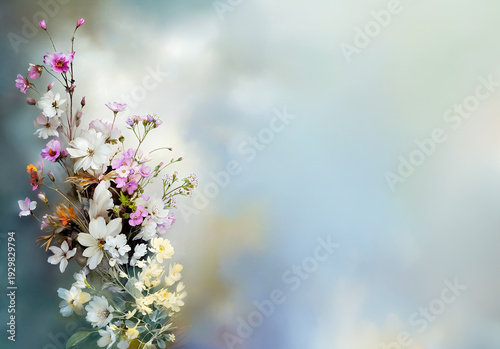 An abstract bouquet of flowers illustration with a large copy space area.