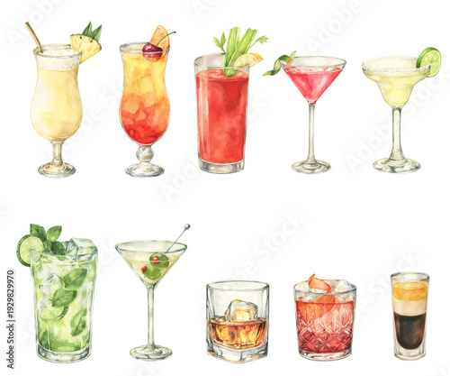 Watercolor collection of classic cocktails Margarita, Tequila Sunrise, Mojito, Negroni, Pina Colada, Cosmopolitan, B-52, Dry Martini, Bloody Mary and Whiskey.