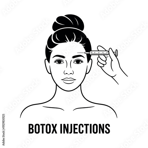 A woman receiving botox injections in her forehead from a medical professional's hand.