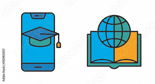 Set of 2 e-learning and education flat vector icons, colorful outline style for web and UI design, mobile degree and global knowledge