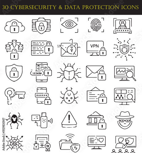 Cybersecurity and Data Protection Minimal Thin Line Vector Icons – Modern IT Security Outline Collection