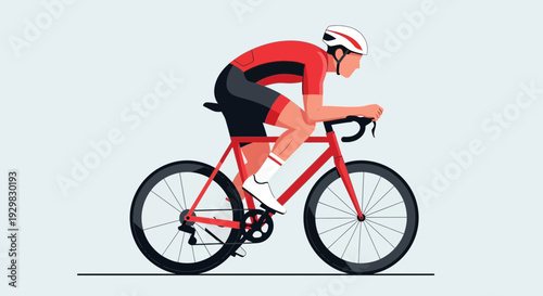 Cyclist In Competition Performing Road Race On A Red Bicycle In A Minimalistic Style