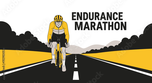Cyclist Races Towards The Horizon In An Endurance Marathon On The Open Road