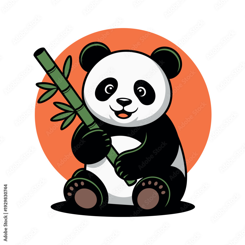 Obraz premium A cute cartoon panda holding a bamboo stalk in front of an orange circle