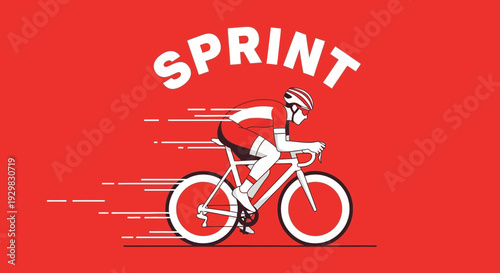 Cyclist Sprinting Depicted In Bold Illustration Over Vibrant Red Background