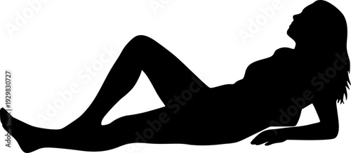 Black silhouette of a person lying down on the floor, relaxing with one knee up, isolated on white background, vector illustration.
