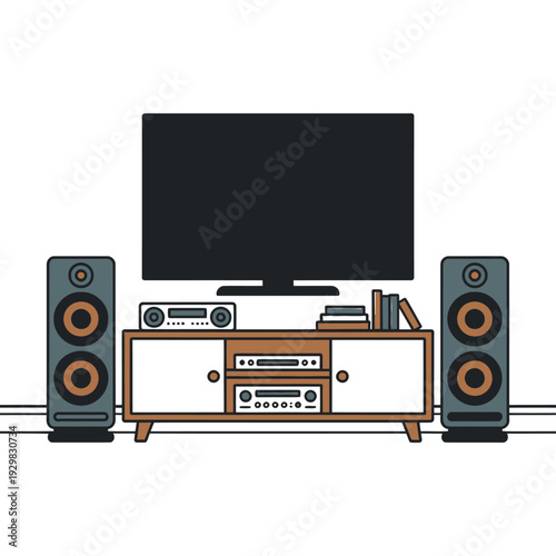 A modern home entertainment system with a large screen TV and speakers on a wooden cabinet