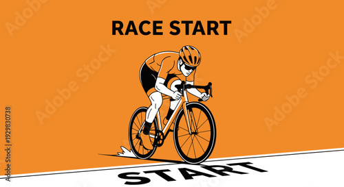 Cyclist Starts Competition On Orange Background: Cycling Race Begins Fast