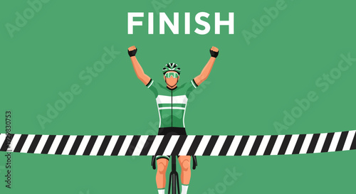 Cyclist Triumph Reaching Finish Line, Celebratory Victory In Sport Event