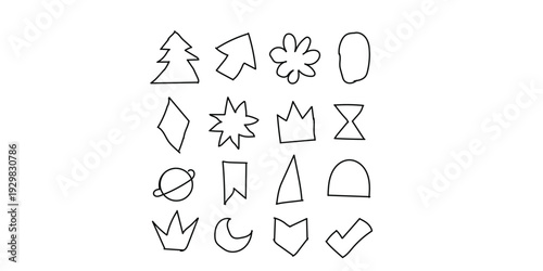 A collection of 16 simple line drawings of various shapes and symbols