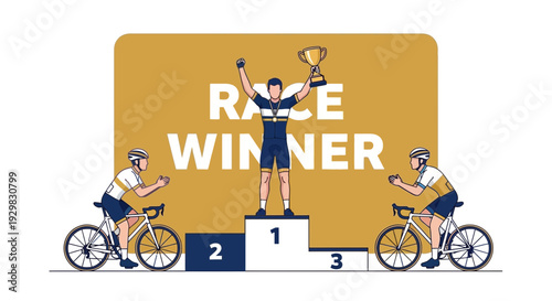 Cyclist Triumph: Victory Celebration on the Podium with Bicycle Race Competitors