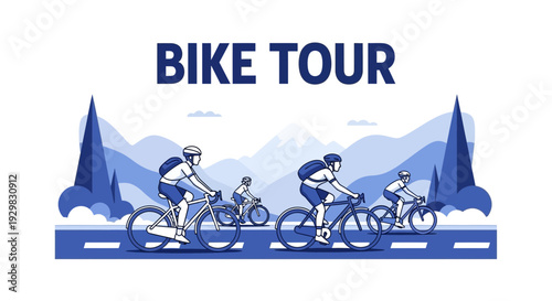Cyclists Adventure Journey Ride Through Mountains on a Scenic Bike Tour Illustration