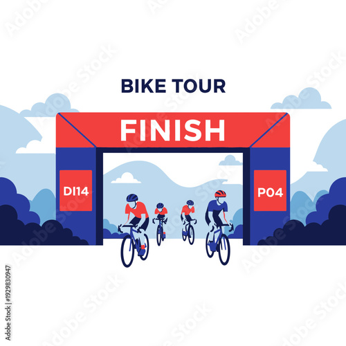 Cyclists Approaching The Finish Line Of The Bike Tour Event Under A Festive Archway
