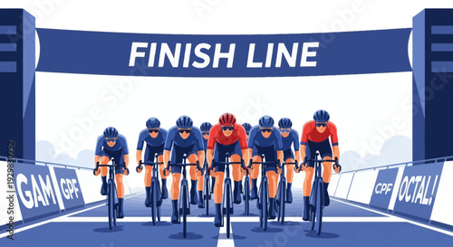 Cyclists Approaching Finish Line, Sporting Competition, Teamwork, Perseverance, And Athleticism