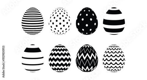 A collection of six decorated easter eggs and two partial eggs with varied patterns presented in stark black and white silhouette