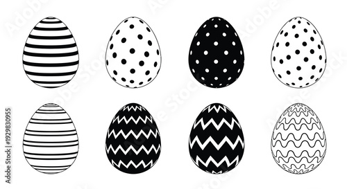 A collection of eight easter eggs showcasing diverse black and white patterns and designs a striking silhouette high quality professional detailed