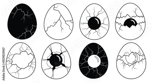 A collection of cracked egg shapes featuring different internal designs presented as a stark graphic illustration silhouette high quality