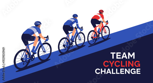 Cyclists Compete In a Team Cycling Challenge Uphill Against a Blue Backdrop