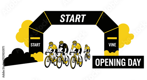 Cyclists Approaching The Starting Point Of The Race Under A Black And Yellow Structure