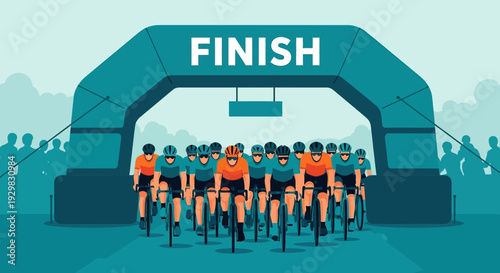 Cyclists Approaching Finish Line, Sporting Event Illustration, Competition, and Endurance