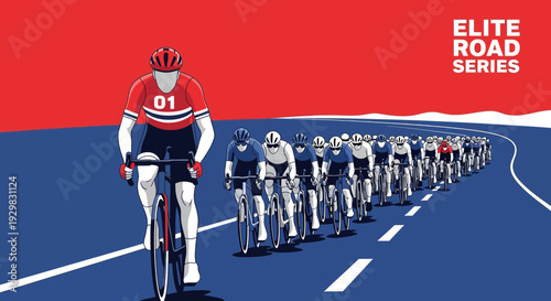 Cyclists Competing in an Elite Road Series Race Against a Vivid Backdrop of Crimson and Indigo