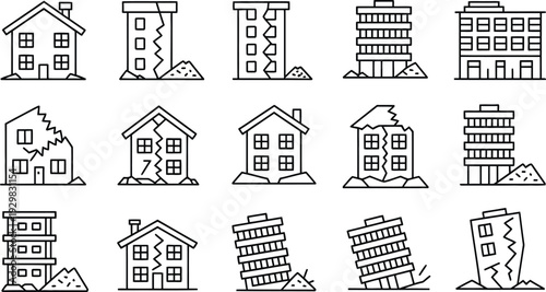 Damaged and destroyed buildings and houses after earthquake or disaster
