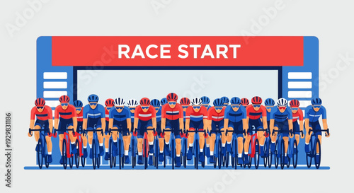 Cyclists Gather At The Race Start Line Preparing For A High Speed Cycling Competition