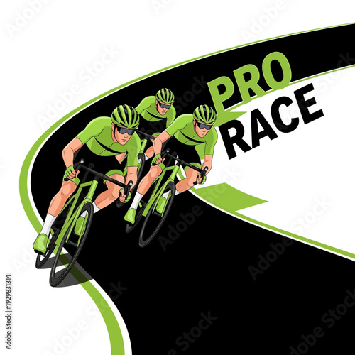 Cyclists In Green Gear Compete In High-Speed Cycling Event On A Black Racing Track