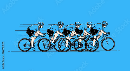 Cyclists In Formation Racing At High Speed, Vector Illustration On Cyan Background