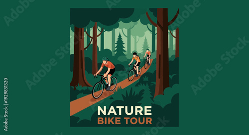 Cyclists Exploring Nature Trail: Scenic Forest Bike Tour Illustration With Green Background