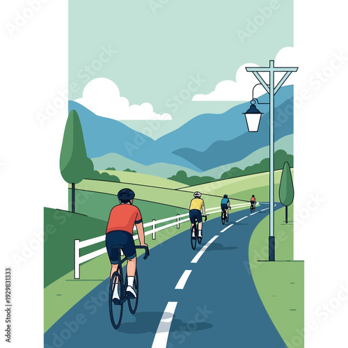 Cyclists Exploring Scenic Routes On Road Bikes Amidst Rolling Hills and Lush Greenery