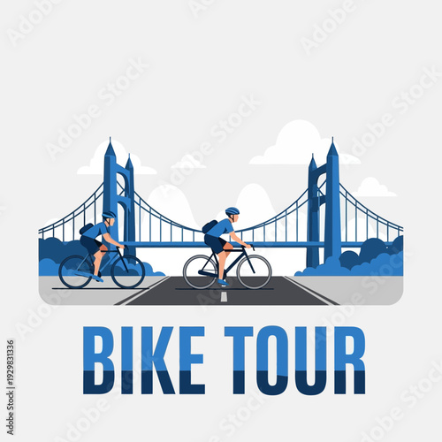 Cyclists Exploring Scenic Route on Bicycle Tour Against Iconic Bridge Backdrop