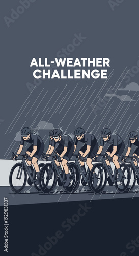 Cyclists Facing All-Weather Endurance Challenge Depicted In Dynamic Vector Illustration