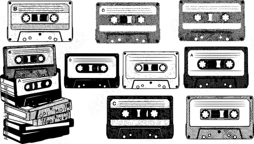 Retro cassette tapes in halftone design: vintage media aesthetic
